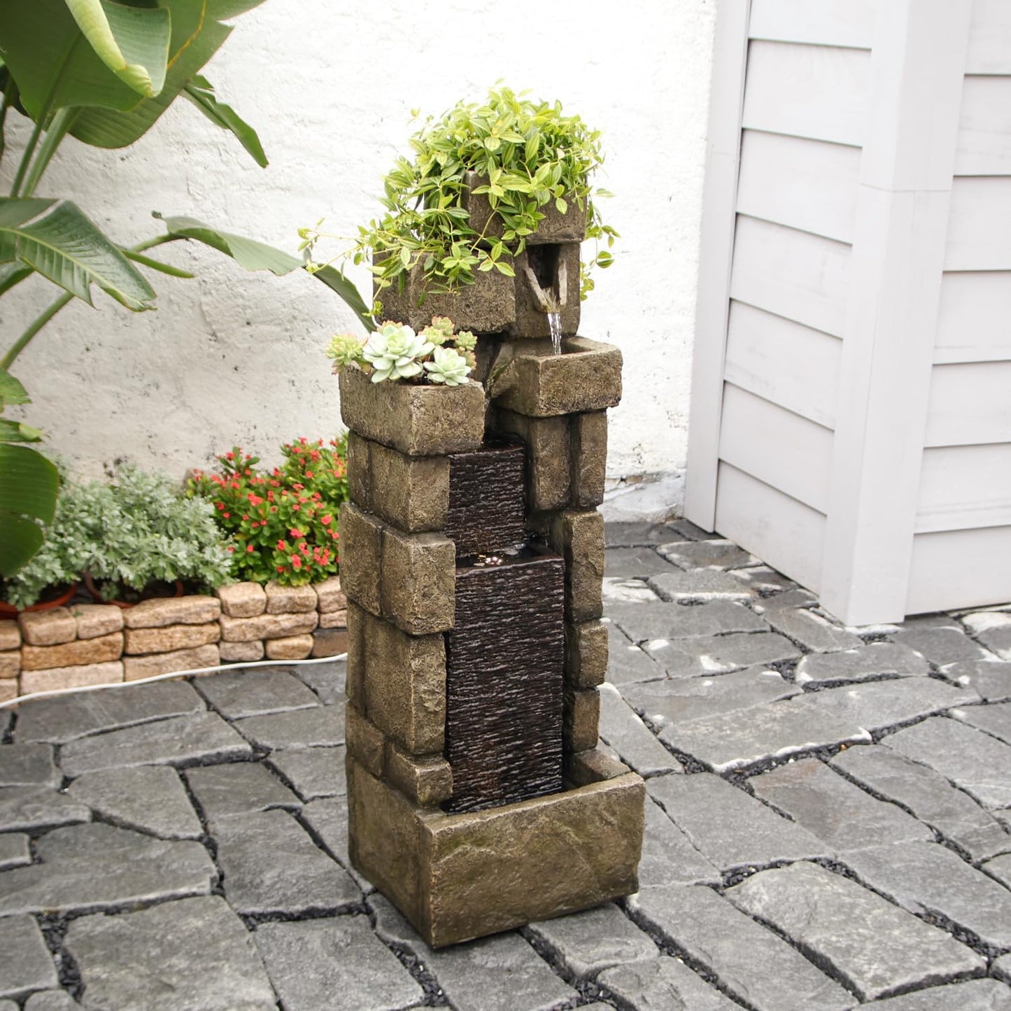 YZM 42.72" H Modern Stacking Bricks Water Fountain Outdoor Cascading Waterfall Fountains with Led Lights for Gardens Landscaping Patios Balconies and Lawns Decor for Outside