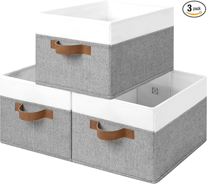 StorageWorks Fabric Shelf Baskets, Closet Organizers and Storage Basket, Foldable Storage Bins for Shelves, Clothes Storage Bins, Gray and White, 3-Pack, Large