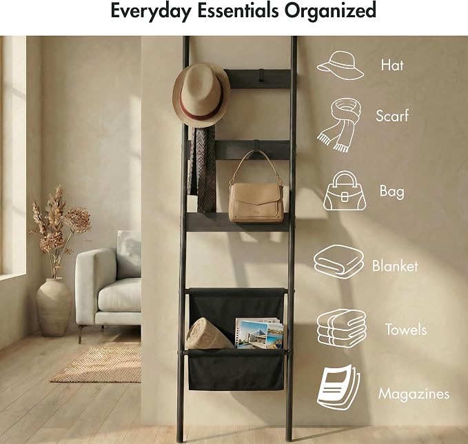 Blanket Ladder, 5 Tier Towel Rack, Wall-Leaning Blanket Rack for Living Room, Decorative Ladder with 4 Hooks and Magazine Pocket 17.3" L x 63" H - Black