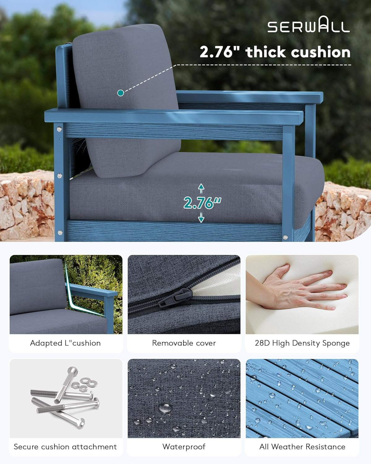 SERWALL 8 Pieces HDPE Outdoor Conversation Sofa Set with Cushion, All Weather Couch Loveseat Furniture Set with Pads, Outdoor Social Sofa Coffee Table Set, Blue Frame with Grey Cushions