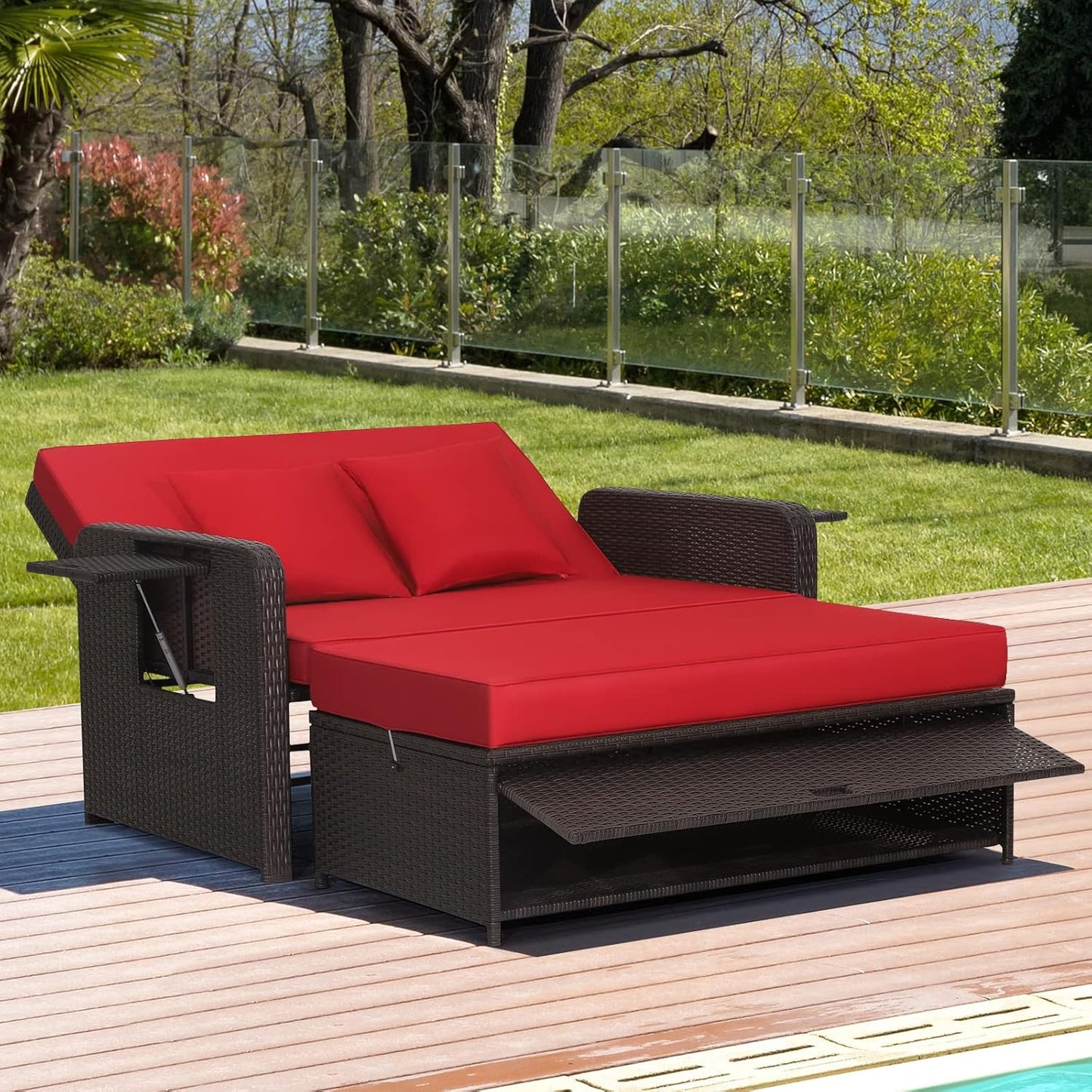 Tangkula Patio Rattan Daybed, Patiojoy Wicker Loveseat Sofa w/Multipurpose Ottoman & Retractable Side Tray, 4-Level Adjustable Backrest, Footstool w/Storage, Seat & Back Cushion Included