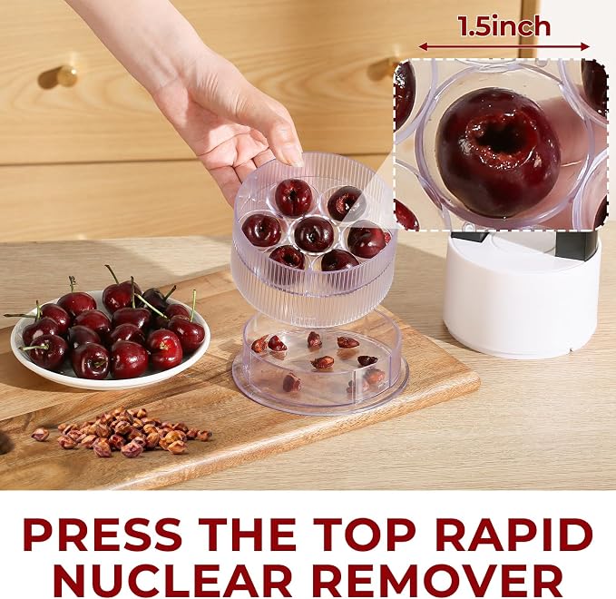 Cherry Pitter Tool 7-in-1 with 1.5" Extra Large Slots, Olive Pit Remover | Cherry Pitter for Jumbo Cherries & Olives, Transparent Container, Safely Safe, Anti-Splash, 7-Slot Cherry Pitter Tool