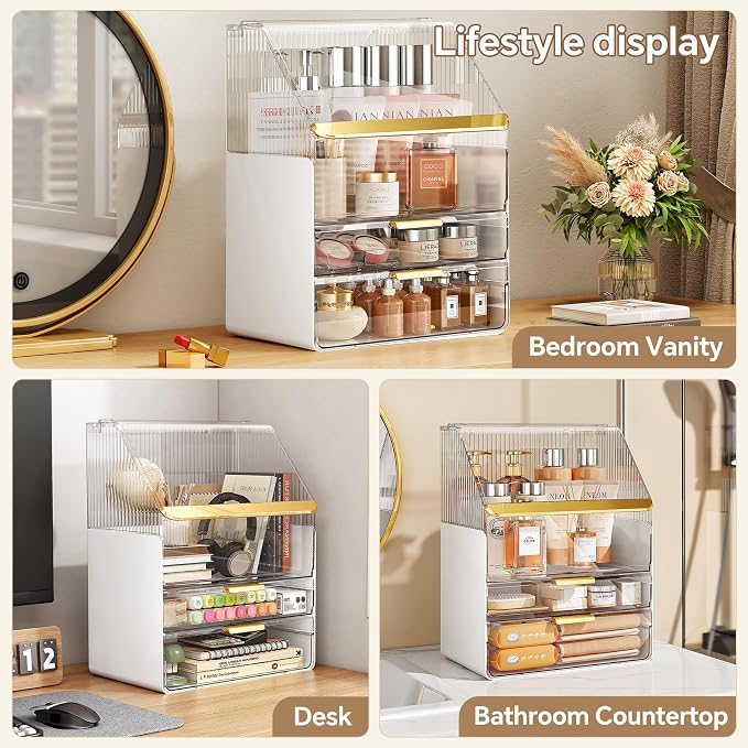 Makeup Organizer Countertop with Lid, Skincare Organizers for Vanity, 3 Tiers Clear Makeup Storage Cosmetic Display Cases Holder for Bedroom Bathroom Dresser Desk Countertop