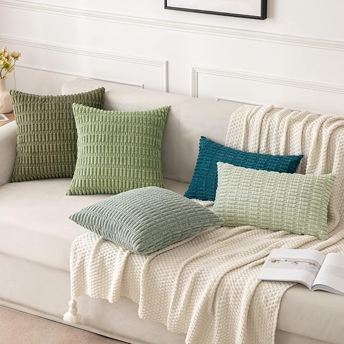MIULEE Pack of 2 Spring Corduroy Decorative Lumbar Throw Pillow Covers 20x12 Inch Soft Boho Striped Pillow Covers Modern Farmhouse Home Decor for Summer Sofa Living Room Couch Bed Greyish Green