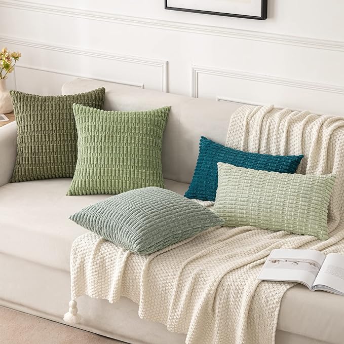 MIULEE Pack of 2 Spring Corduroy Decorative Throw Pillow Covers 16x16 Inch Soft Boho Striped Pillow Covers Modern Farmhouse Home Decor for Summer Sofa Living Room Couch Bed Sage Green