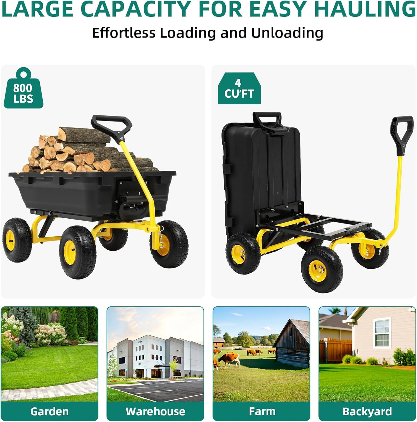 800lb Garden Dump Cart, Heavy Duty Wheelbarrow Dump Wagon with 4 Wheels&Quick-Release Dumping, Utility Wagon Carts for Halloween Pumpkin Hauling Yard, Farm and Garden(Yellow)