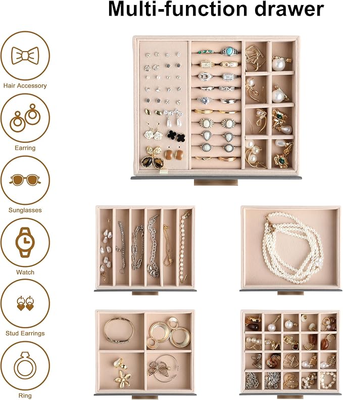 Frebeauty Clear Lid Jewelry Box,5-Layer Jewelry Organizer with Drawer,PU Leather Jewelry Organizers and Storage,Jewelry Boxes for Women,Jewelry Storage for Rings Earring Stud,Gift for Women(Grey)