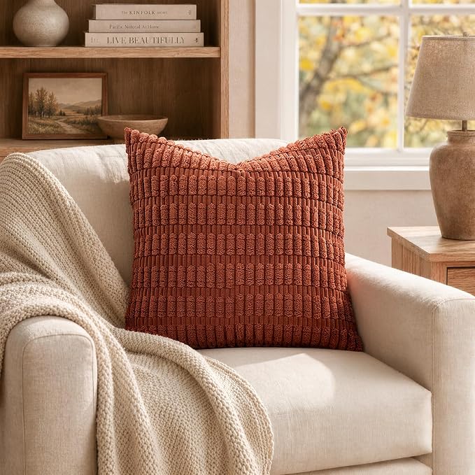 MIULEE Pack of 2 Rust Corduroy Decorative Euro Sham Pillow Covers 22x22 Inch Soft Boho Striped Throw Pillow Covers Modern Farmhouse Home Decor for Summer Sofa Living Room Couch Bed