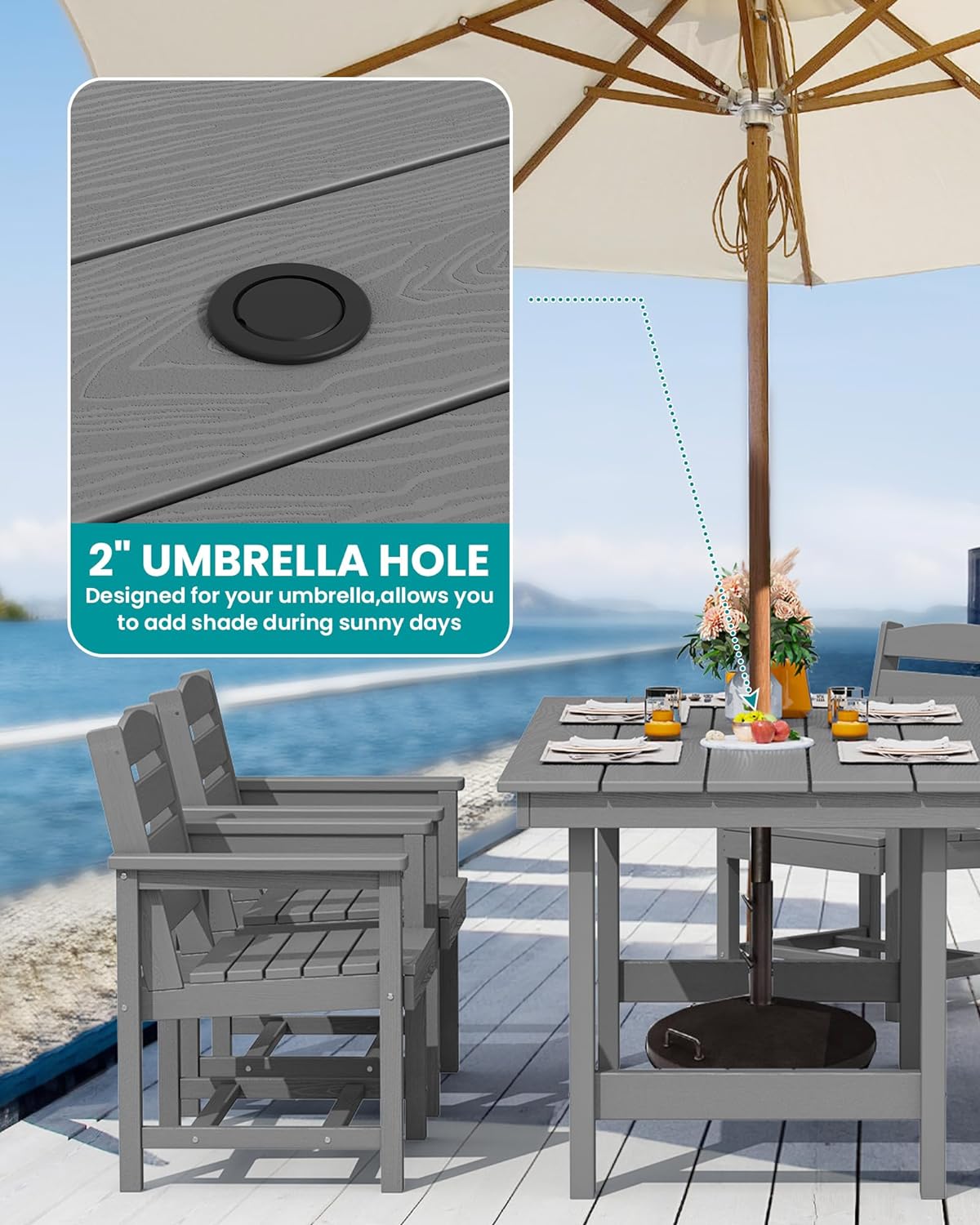 SERWALL Patio Dining Table and Bench Set for 6, Gray