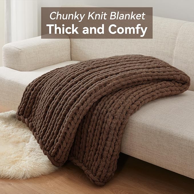 Negwoo Chunky Knit Throw Blanket, 80''*90'' Knitted Throw Chenille Yarn for Bed Couch, Handmade Dark Brown Crochet Big Thick Blanket, Machine Washable Cute Comfy Blanket for Home Decor