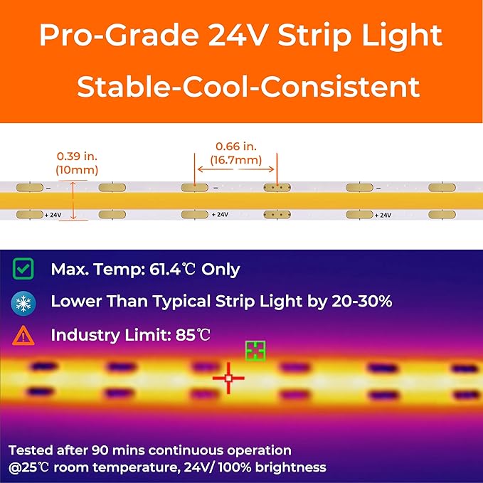 Candlelight COB LED Strip Lights 2400K, 5W/FT, 16.4FT 24V LED Tape Light with 3M VHB Backing, CRI 95, UL Listed, Cuttable, Dimmable, Bendable for Bars, Restaurants, Relaxing (NO Power Supply)