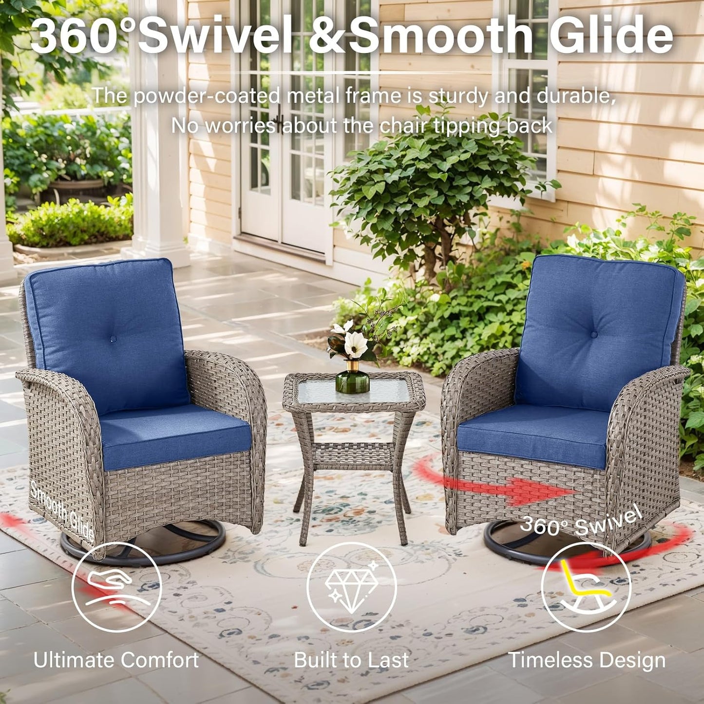 Expansive 10 Pieces Outdoor Patio Furniture Set with 43” Propane Fire Pit Table, Patio Conversation Set with Swivel Rocker Outdoor Chairs Set of 4 and Sofa, Ottoman and Wicker Side Table
