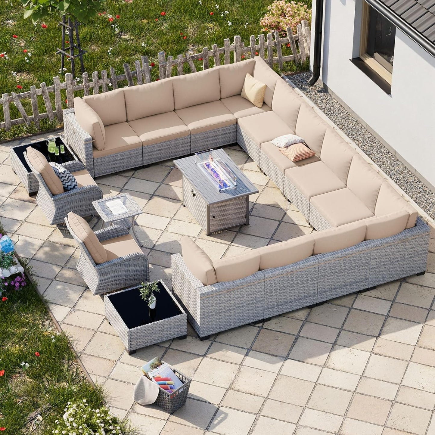 18-Piece Patio Furniture Set, Outdoor Patio Furniture with 55,000 BTU Fire Pit Table, Swivel Chairs Set, Thick Cushions, Modular Patio Sofa, Dual-Strand Wicker Rattan, Rust-Resistant Frame,Khaki