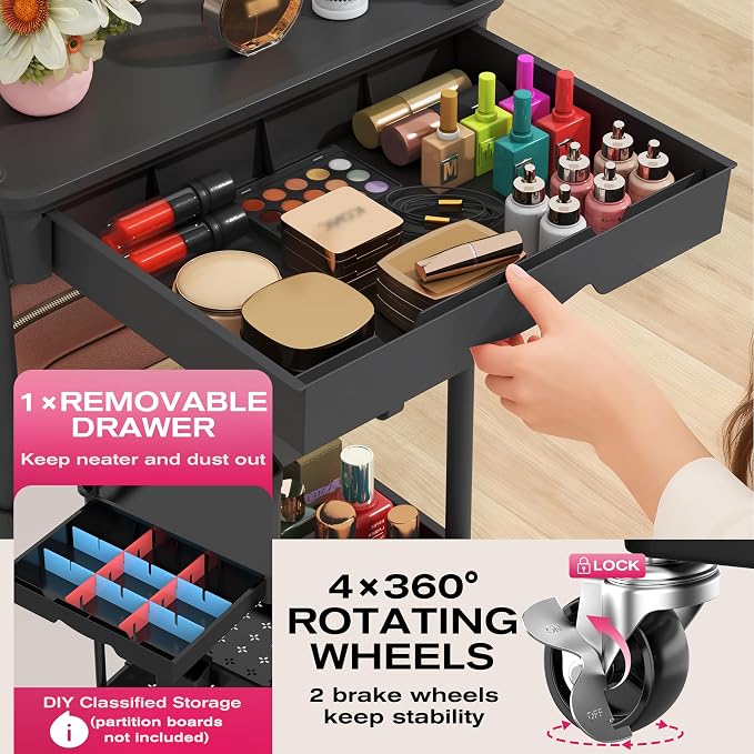 Goovilla Rolling Makeup Organizer Cart with Removable Drawer, 3 Tier Stable Black Floor Skincare Storage Cart for Vanity, Cosmetic Display, Nail Polish, Perfume, Hair Stuff, Beauty, Bathroom(Plastic)