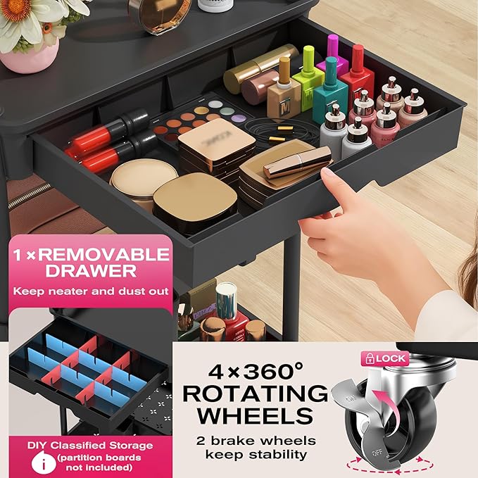 Goovilla Rolling Makeup Organizer Cart with Removable Drawer, 4 Tier Stable Black Floor Skincare Storage Cart for Vanity, Cosmetic Display, Nail Polish, Perfume, Hair Stuff, Beauty, Bathroom(Plastic)