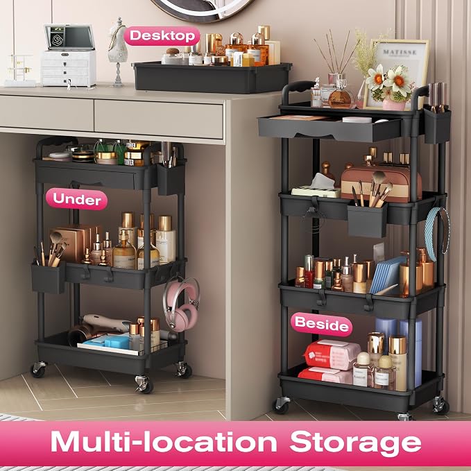 Goovilla Rolling Makeup Organizer Cart with Removable Drawer, 3 Tier Stable Black Floor Skincare Storage Cart for Vanity, Cosmetic Display, Nail Polish, Perfume, Hair Stuff, Beauty, Bathroom(Plastic)