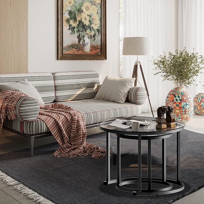 aboxoo Black Nesting Coffee Glass Table Set of 2, Metal Freme Side End Tables for Living Room Bedroom for Apartment Small Place Modern Industrial Simple, 23.6D x 23.6W x 17.7H in