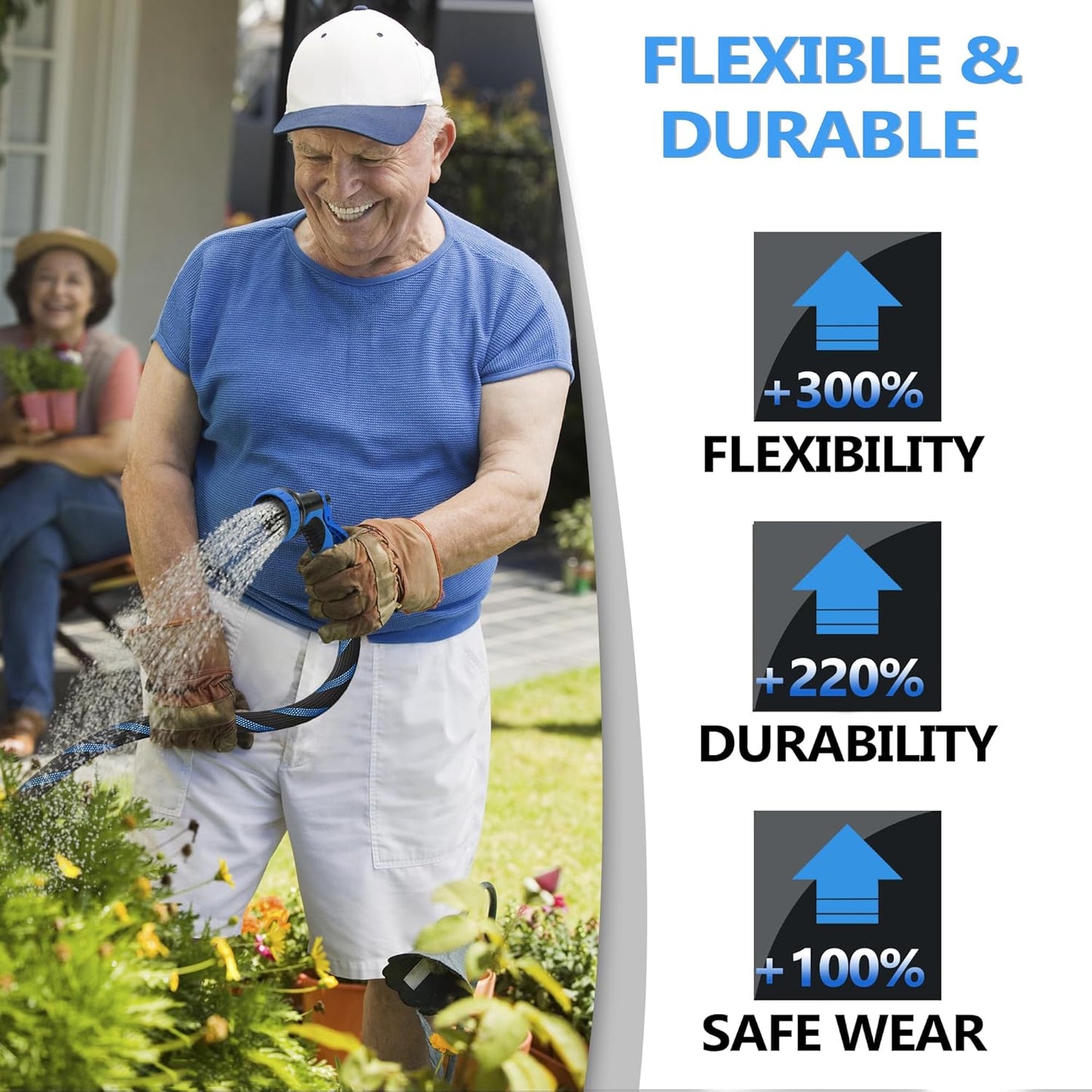 100ft Garden Hose - Water Hoses w/10 Function Spray Nozzle, 2025 New Superior Strength Flexible Hose, 3/4" Brass Connectors- Leakproof Lightweight Water Pipe for Gardening(Blue Black)