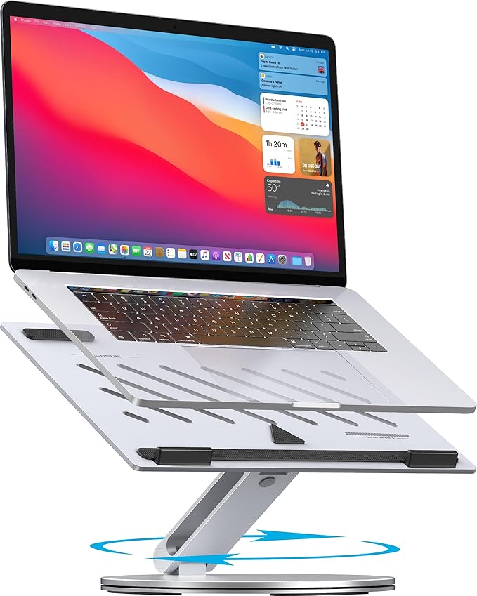 YICOSUN Adjustable Laptop Stand for Desk - 360° Rotating Ergonomic Riser with Aluminum Cooling Vents & Sturdy Construction for 10-16 Inch MacBook Pro/Air, Foldable Portable for Office & Home - Silver
