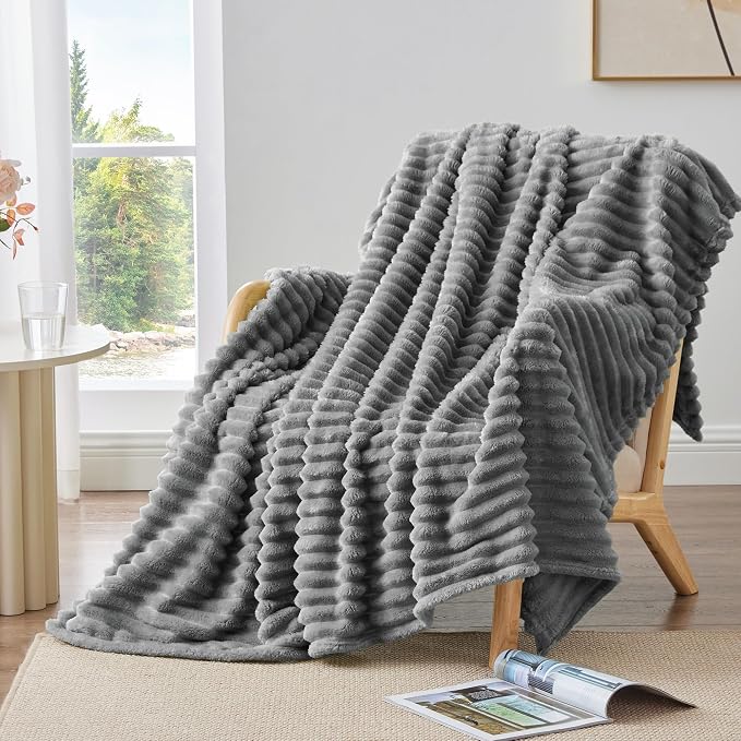 BEDELITE Twin Blanket for Couch & Bed, 300GSM Soft & Warm Fleece Blanket, Decorative and Giftable Striped Grey Blankets for Women, Men, 60"x80"