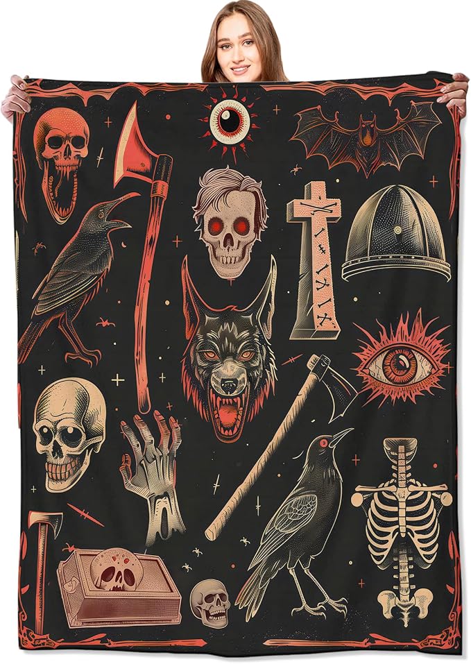 Vintage Gothic Horror Blanket,Creepy Goth Skeleton Skulls Bats Fun Throw Blankets,Gifts for Women Men, Lightweight Soft Fleece Cozy,for Couch Bed Room,Festival Halloween Decor,50x60in