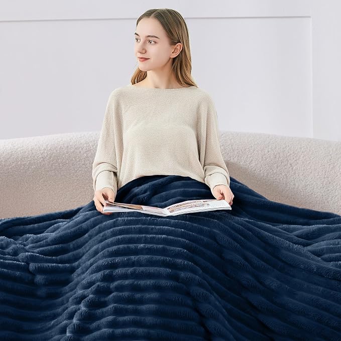 BEDELITE Blankets Queen Size for Bed, 300GSM Soft & Warm Fleece Blanket, Decorative and Giftable Striped Navy Blankets for Women, Men, 90"x90"