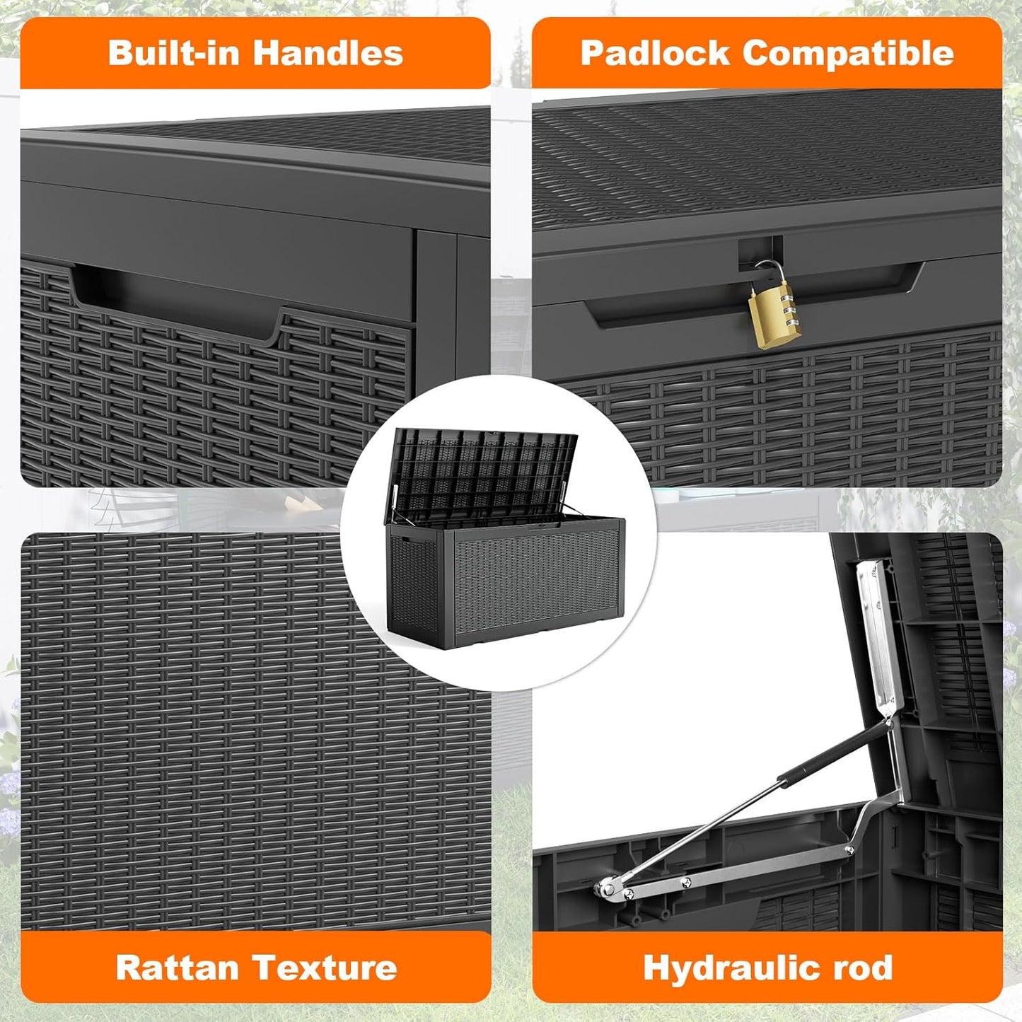100 Gallon Resin Deck Box, Lockable Patio Outdoor Storage Box for Furniture, Garden Tools and Tools Storage, Waterproof Outside Storage Boxes - Black