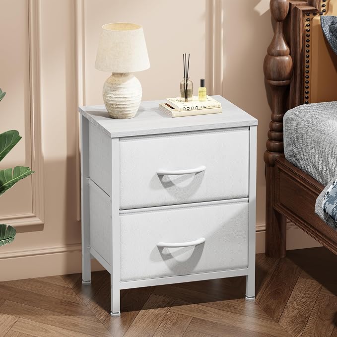 Sweetcrispy Nightstand with 2 Storage Drawers, 20" Height Small Bed Side Furniture End Table, Wooden Top Fabric Cabinet Kids Night Stand Mini Dresser for Bedroom, Closet, Entryway, Dorm, White
