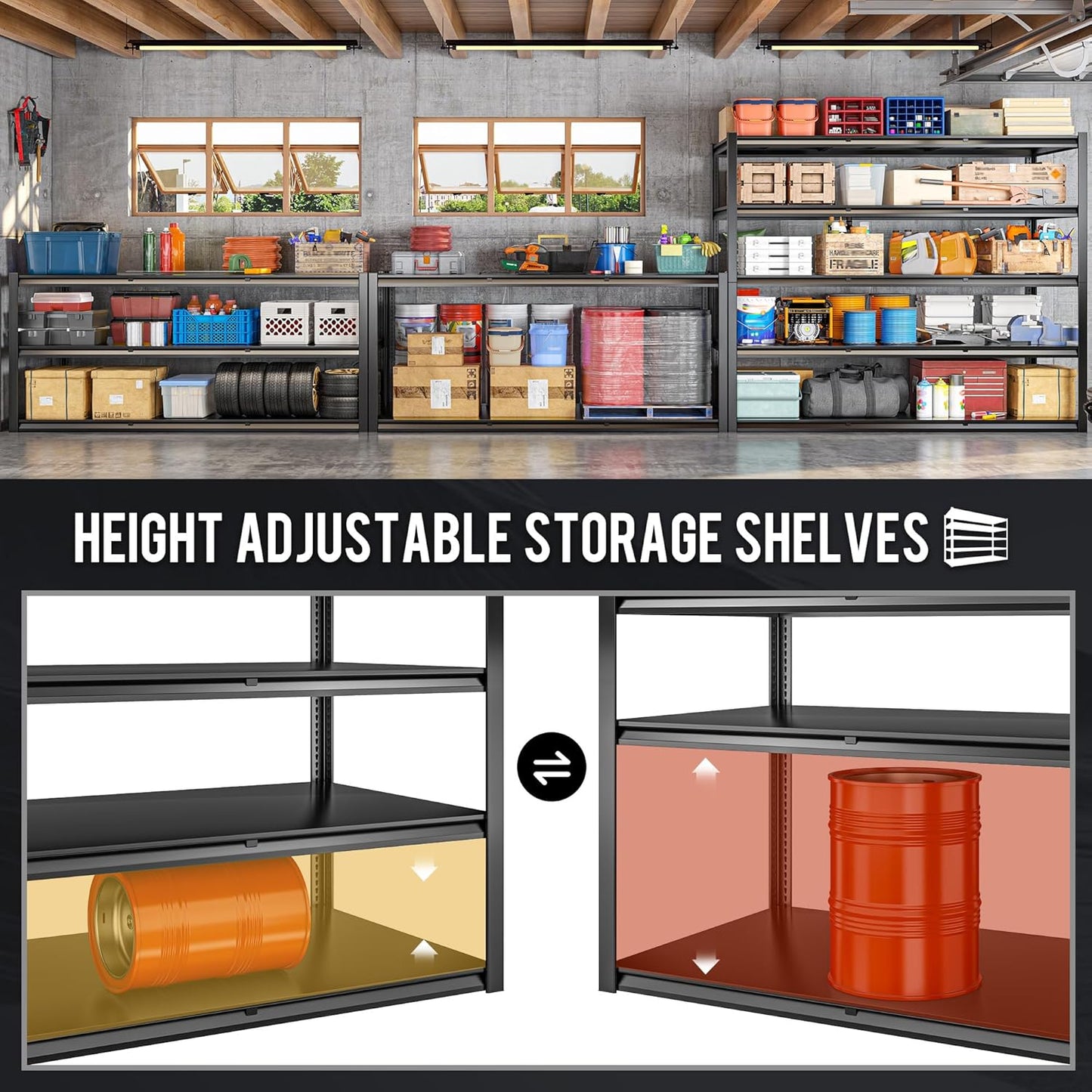 59.8" W x 72.2" H x 24.2" D Storage Shelves Metal Shelving, 2650LBS Garage Shelving Unit with Adjustable Shelf, 5 Tier Storage Rack for Garage, Pantry, Warehouse, Basement, Black