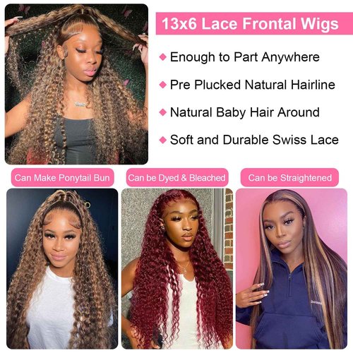 ZZMDS 26 Inch 13x6 Highlight Ombre Deep Wave Lace Front Wigs Human Hair Pre Plucked #4/27 Colored Glueless Wigs Water Wave Honey Blonde Curly Lace Frontal Wigs Human Hair for Women