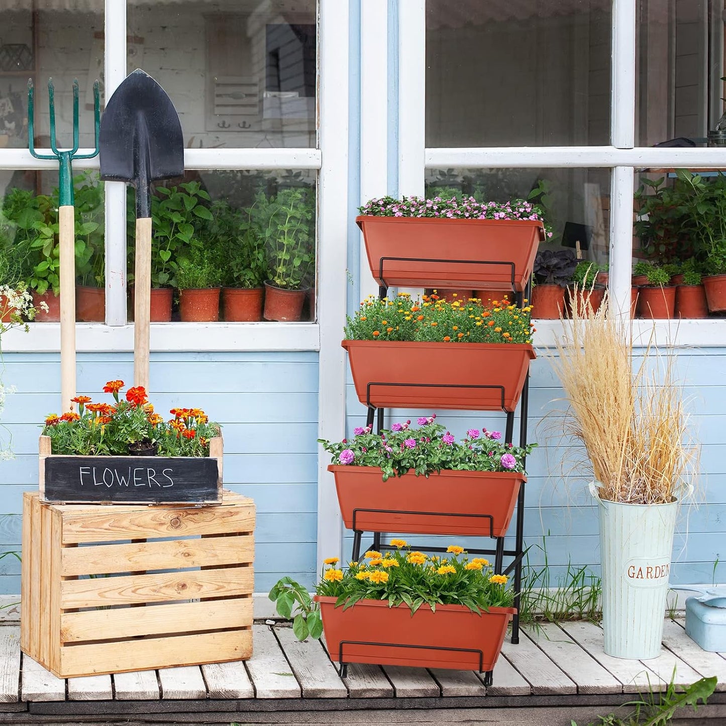 OYEAL Raised Garden Bed 4 Tier Vertical Garden Planter Indoor Outdoor Herb Planter with Legs Elevated Garden Planters for Flowers Vegetables Plants, Brick Red