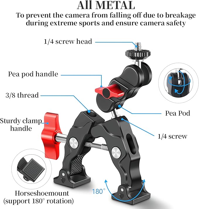 Clamp Camera Mount for DJI Osmo Action 6 5 4 360 Nano for Insta360 X5 X4 Air Go Ultra for Gopro Hero 13 12 11 MAX 2 Metal Fence Motorcycle Bike Mount Handlebar 1/4" Threads Accessories