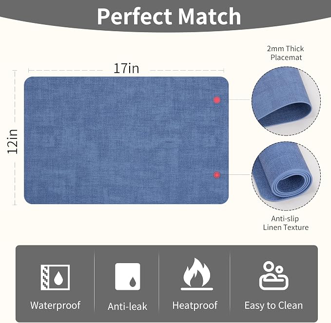 Maxpearl Faux Leather Placemats Set of 6 - Waterproof - Wipe Clean - Heat Resistant - Anti Slip Dining Table Place Mats, Suitable for Indoor & Outdoor Use, 17’’×12’’, Navy Blue