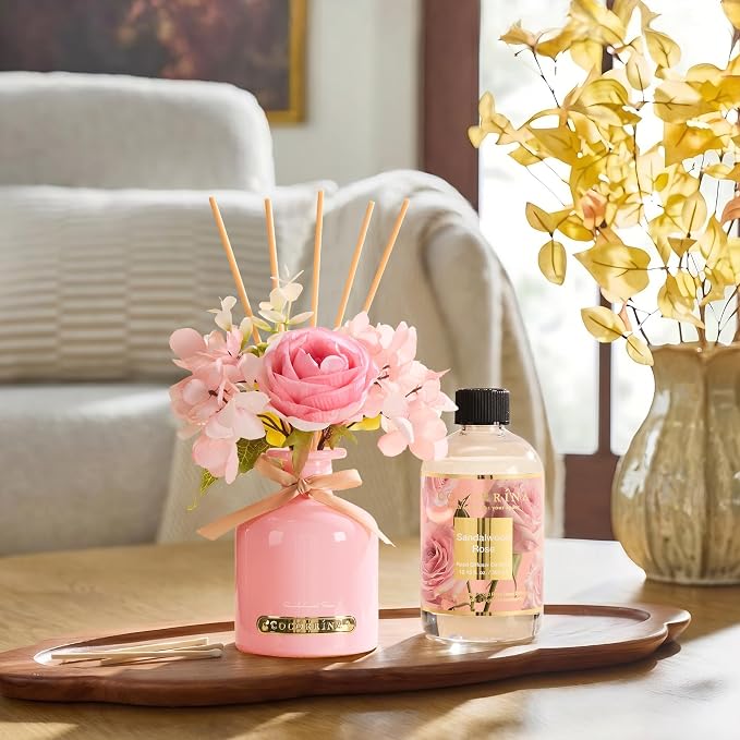 Cocorrína Reed Diffuser Refill Sandalwood Rose 10.2oz (300ml) with 8 Sticks - Premium Long-Lasting Floral Essential Oil, Home Fragrance for Bedroom, Bathroom Home Decor