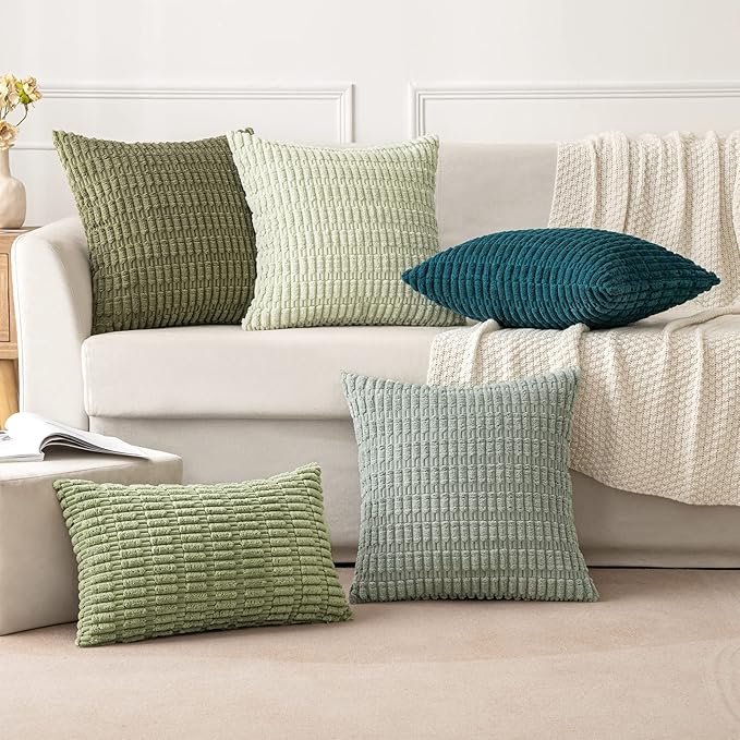 MIULEE Pack of 2 Spring Corduroy Decorative Throw Pillow Covers 20x20 Inch Soft Boho Striped Pillow Covers Modern Farmhouse Home Decor for Summer Sofa Living Room Couch Bed Greyish Green