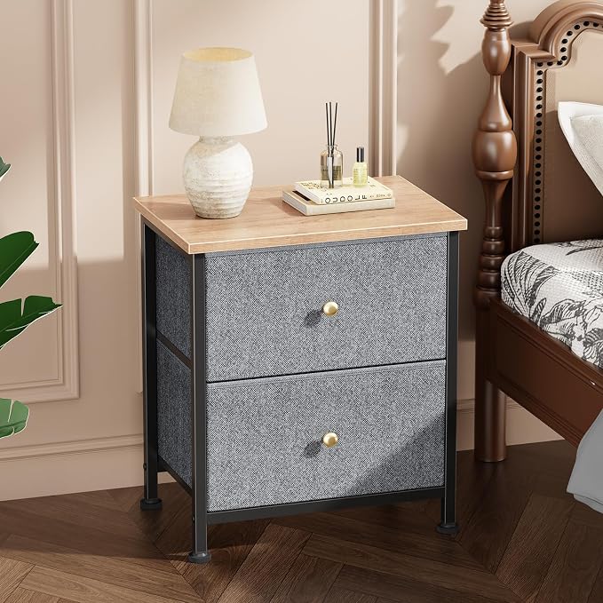 DUMOS Nightstand Small Dresser with 2 Fabric Drawers Side Tables Bedroom End Table Kids Bedside Storage Furniture for 20 inch Tall Night Stand for Closet, Entryway, College Dorm, Blue
