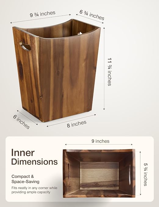 Tidita 2 Gallon Rectangular Wastebasket with Built-in Handles, Walnut Color | Acacia Wood, Rectangular Shape, Integrated Handles, Garbage Bin for Spa, Bathroom, Kitchen Counter, Living Room, Walnut Color