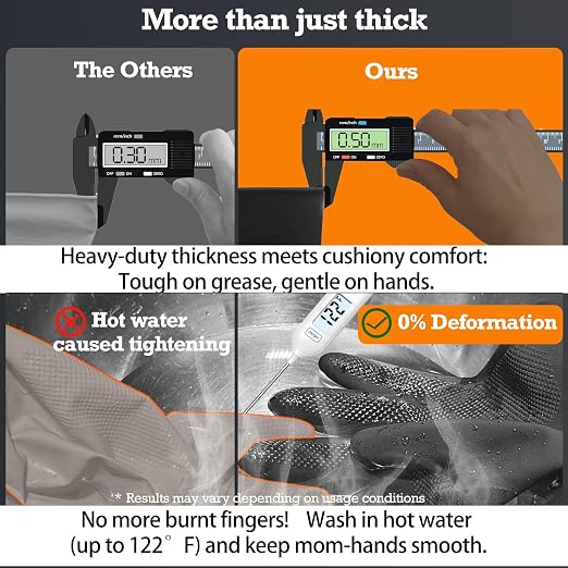 Heavy-Duty Thick Black Rubber Cleaning Gloves, 2 Pairs, L | Reusable & waterproof black/orange dual layers. Non-slip design for dishwashing, kitchen cleaning, and auto care.