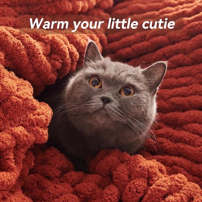 Negwoo Chunky Knit Throw Blanket, 60''*80'' Fall Throw Blanket Knitted Chenille Yarn for Bed Couch, Handmade Orange Crochet Big Thick Blanket, Machine Washable Cute Comfy Blankets for Home Decor