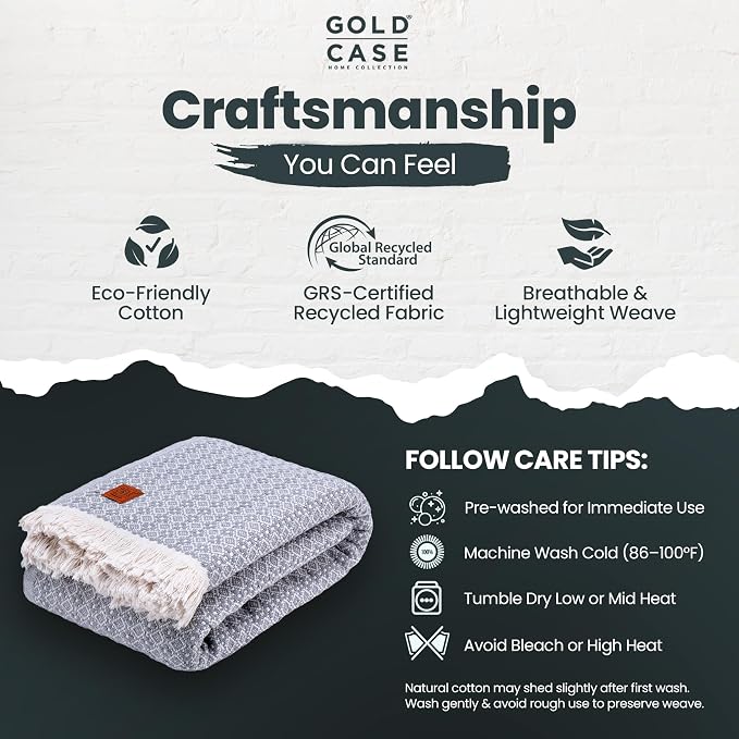Gold Case Throw Blanket for Bed - 100% Recycled Turkish Cotton Blanket - Retro Lightweight Soft Throw Blankets for Bed & Living Room - Twin Size Cozy Blankets - 71x90 - Grey