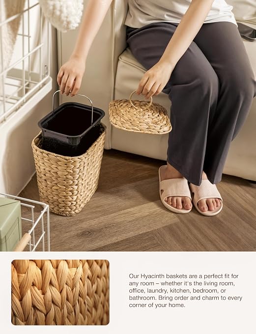 Tidita 1.5 Gallon Wicker Wastebasket with Lid, Woven from Water Hyacinth | Hyacinth Construction, Woven Design, Removable Plastic Liner Included, Removable Lid, Iron Frame, Odor Proof, Versatile Use