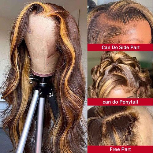 LAPONDAI Highlight Ombre 13x4 HD Lace Front Wig Human Hair Pre Plucked Transparent 4/27 Honey Blonde lace frontal Wigs with Baby Hair 150% Density Colored Lace Front wig Human Hair for Women 28 Inch