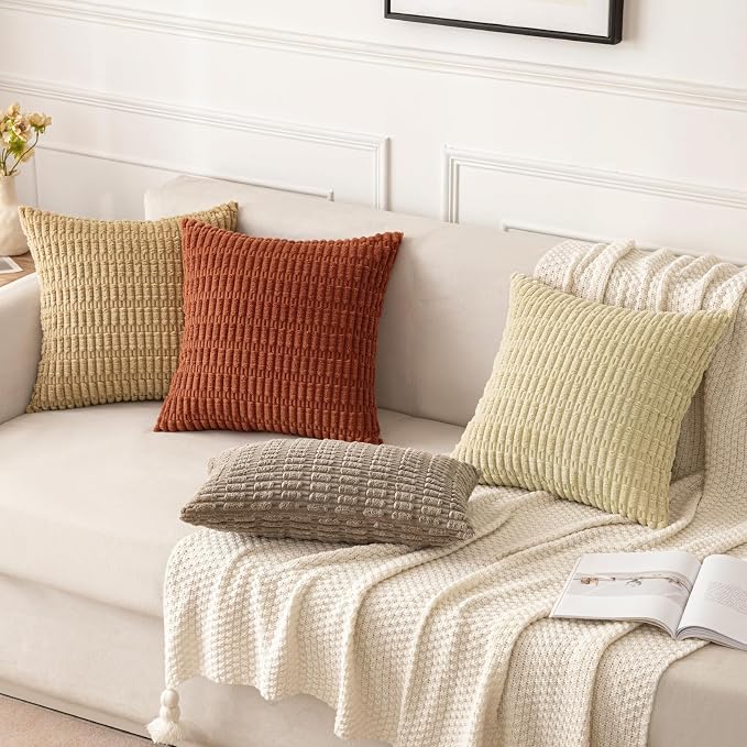 MIULEE Pack of 2 Dark Rust Corduroy Decorative Euro Sham Pillow Covers 22x22 Inch Soft Boho Striped Throw Pillow Covers Modern Farmhouse Home Decor for Summer Sofa Living Room Couch Bed