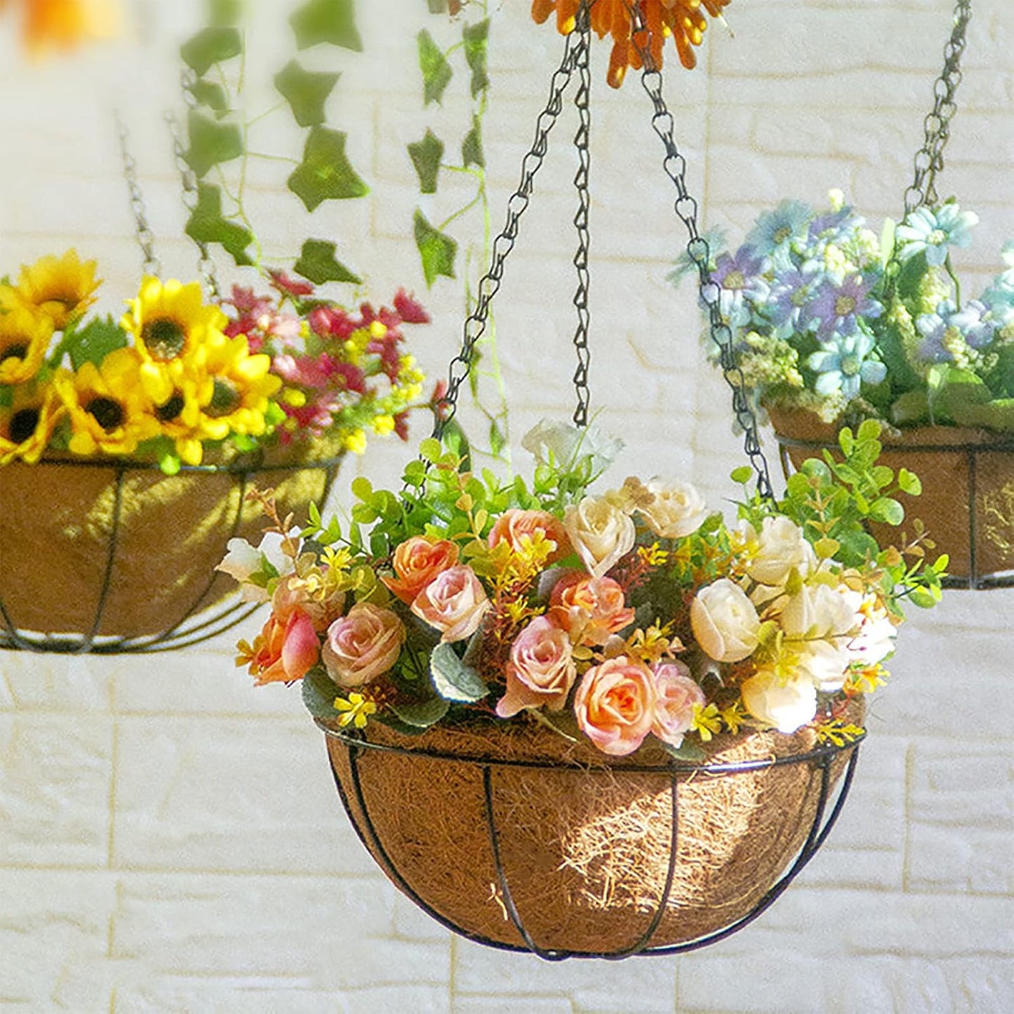 4 Pack Hanging Planter Basket Outdoor Large Hanging Flower Pots Indoor 12 inch with Coco Coir Liner Round Wire Plant Holder Chain Hanging Basket Garden for Home Decor Balcony Office1