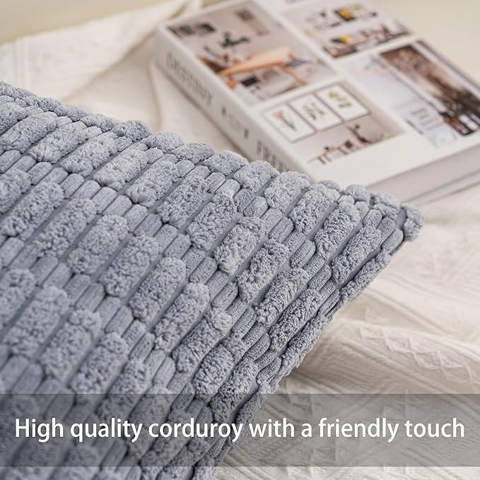 Aegero Pack of 2 Corduroy Decorative Throw Pillow Covers 18x18 Inch Soft Striped Pillow Covers Modern Farmhouse Home Decor for Sofa Living Room Couch Bed（Silver Gray）