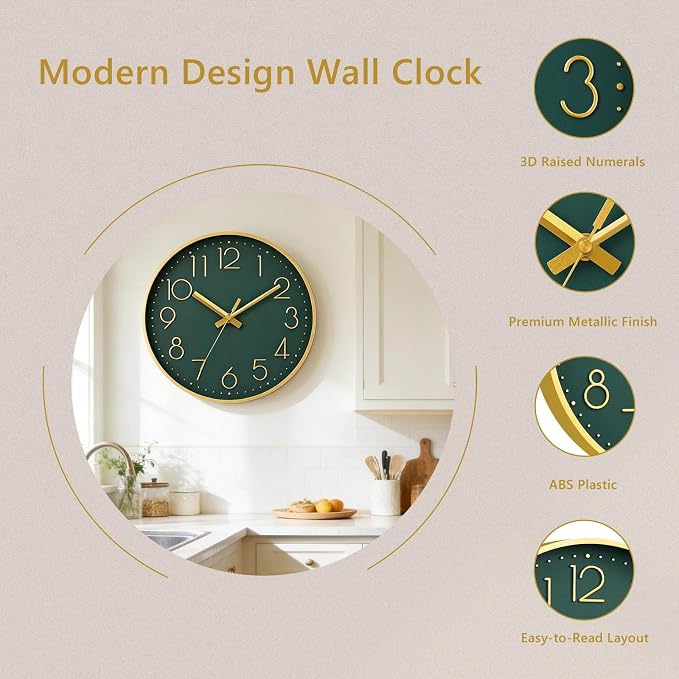 DAXSMY Wall Clock - 10 Inch Silent Non-Ticking Modern 3D Wall Clocks Battery Operated - Decorative Clock for Kitchen, Home Office, Bathroom, Bedroom(Dark Green)