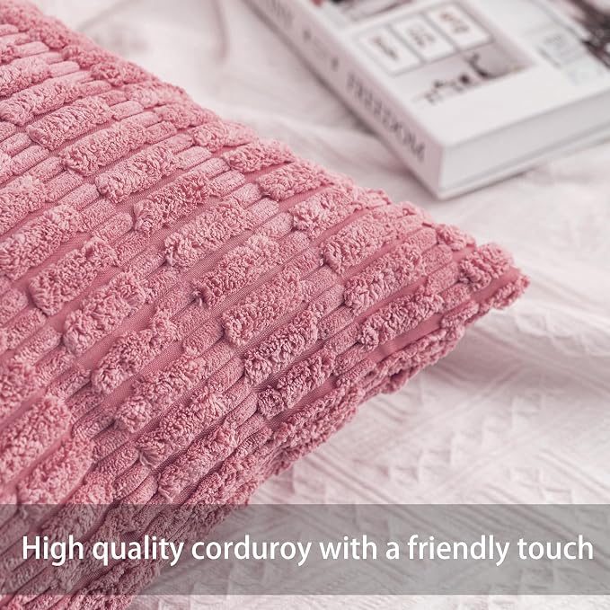 Aegero Pack of 2 Corduroy Decorative Throw Pillow Covers 20x20 Inch Soft Striped Pillow Covers Modern Farmhouse Home Decor for Sofa Living Room Couch Bed（Pink）