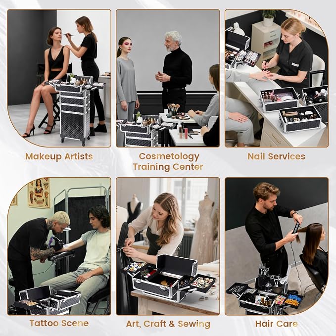 Stagiant Rolling Makeup Case Cosmetology Case on Wheels 4 in 1 Large Cosmetic Organizer Train Case Makeup Travel Case with Key Swivel Wheels Nail Artist Salon Storage Traveling Cart Trunk Black