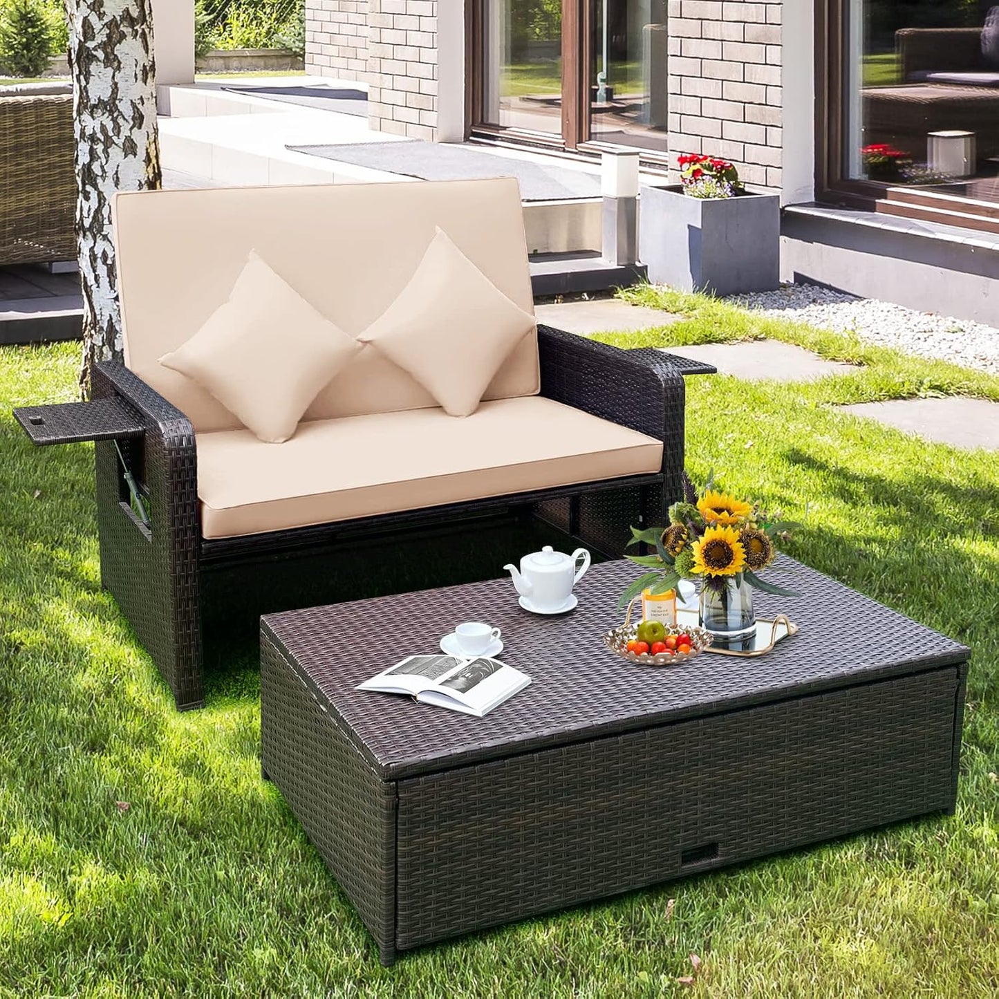 Tangkula Patio Rattan Daybed, Patiojoy Wicker Loveseat Sofa w/Multipurpose Ottoman & Retractable Side Tray, 4-Level Adjustable Backrest, Footstool w/Storage, Seat & Back Cushion Included (Beige)