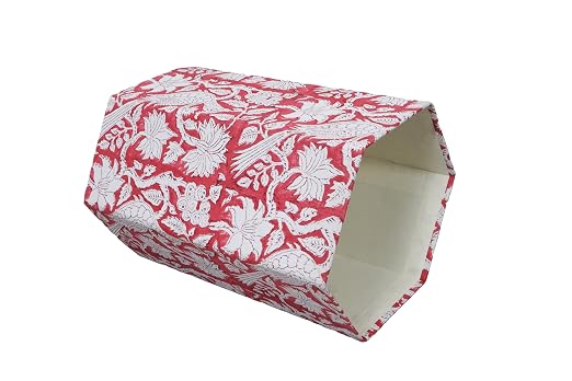 Generic 3.3 Gallon Cotton Hand Block Printed Paper Waste Basket |Small Decorative Trash Can for Housewarming Gifts in Living Room, Bedroom, Bathroom | Eco-Friendly, Plastic-Free (1, RED White MOR)